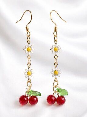 REIMAGINED Daisy Cherry Dangle Earrings Gold Plated 925 Silver Hooks Enamel